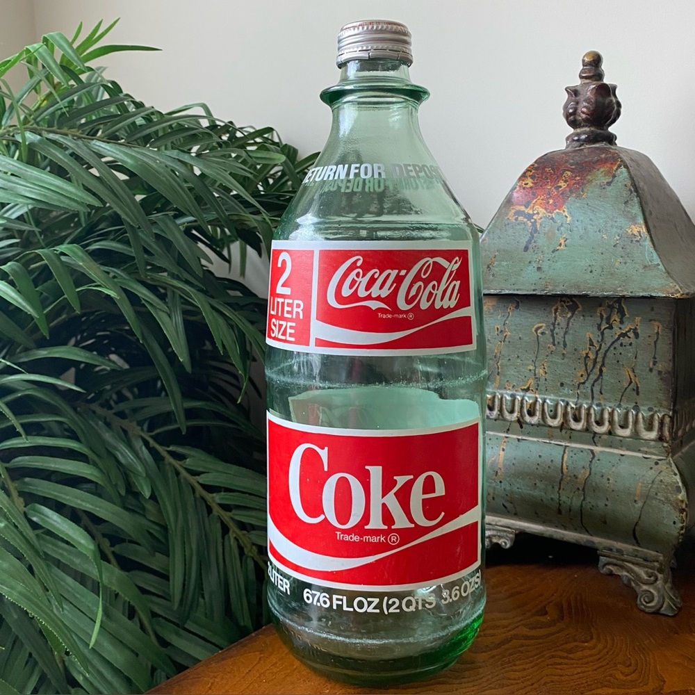 Vintage 1970s Green Glass Coca Cola 2-Liter Coke Bottle with Cap